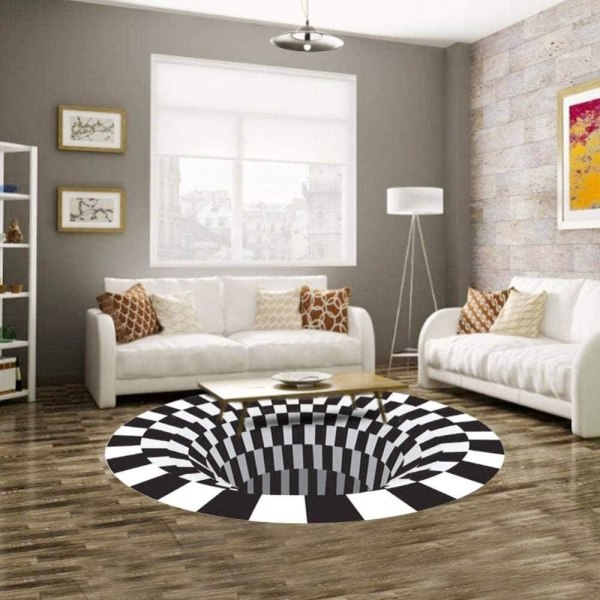 3D optisk illusion rund tæppe skridsikkert gulvmåtte, sort-hvidt non-woven dørmåtte til soveværelse stue boligindretning tæppe puder A(90cm),