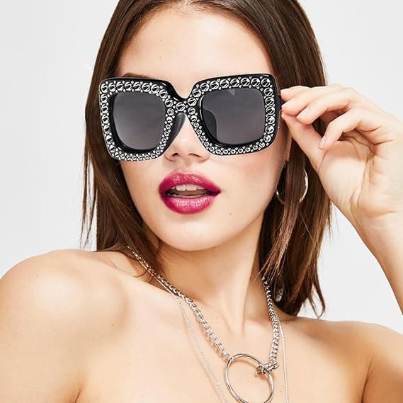 2-delt overdimensionerede solbriller med rhinestones, overdimensionerede firkantede