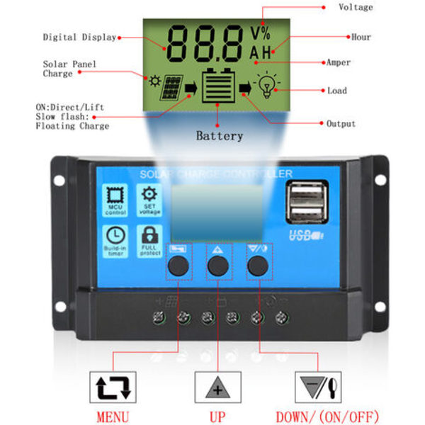 MPPT solcellsladdningsregulator med LCD-display 12V/24V Dubbel USB solpanel Smart batteriregulator 10A arbetsström