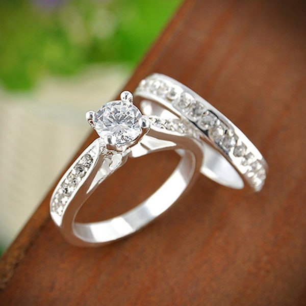Women Engagement Wedding 2pcs Ring Set Cubic Zirconia White Silver Plated Rings