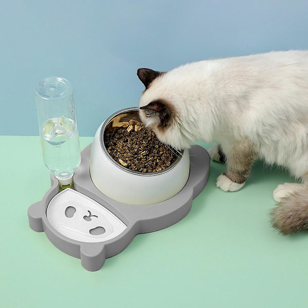 Panda Bowl Katt Dubbel Skål Automatisk Husdjursmatare Dryckare Elegant Grey Ceramic Bowl