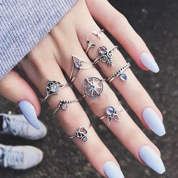 9 stk. kno ringe stilfulde attraktive multi-style havfrue hale midi finger kno ringe stablet ringe sæt til klub fest banket Antique Silver