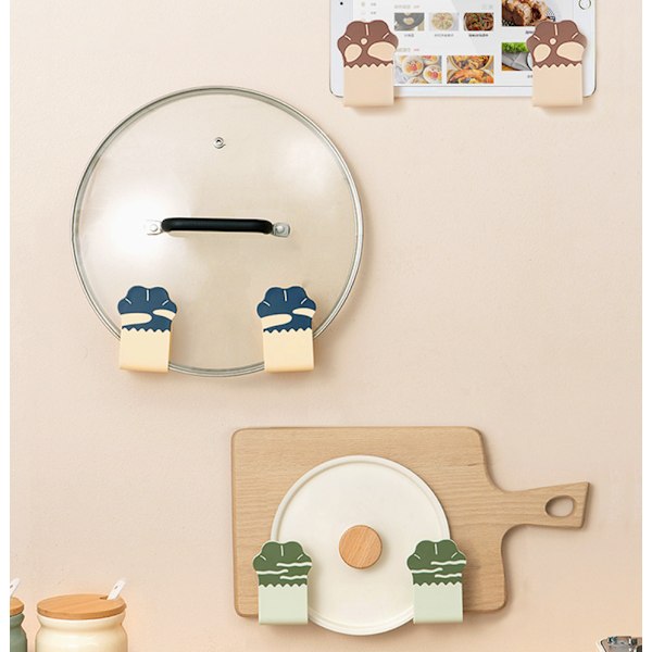 2 stycken kastrulllockshållare Söt kattpåtdesign Självhäftande väggkrokar Pannlock Skärbräda Förvaringshållare (Grön)