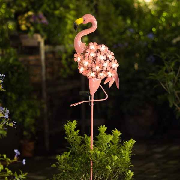 Solar trädgårdslampor, Flamingo gångväg utomhus stake lampor metall, vattentäta varma vita LED-lampor för gräsmatta, uteplats eller Ya