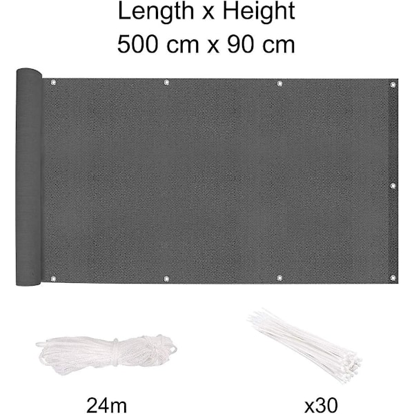 Parvekkeen näkösuoja, 90 X 500cm Hdpe parveke markiisi puutarhaan tuuli- ja UV-suojalla, ja varustettu ruostumattomilla metallirenkailla, kaapelipandat ja