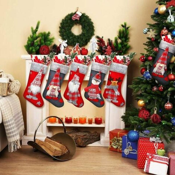 5-pack Svenska Julstrumpor Tomte Nisse Skandinavisk Strumpa Julstrumpor med 3D Plysch