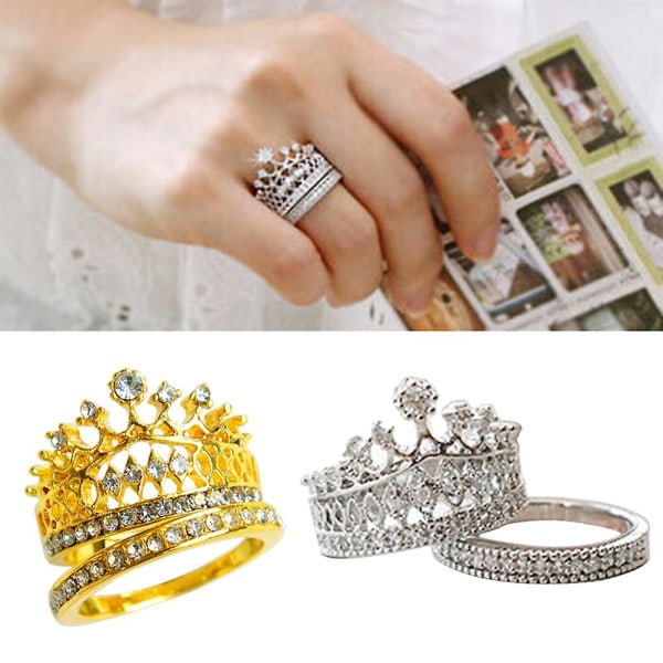 2 st Dammode Crown Tiara Ring Inlagd Helt Rhinestone Legering Smycken Present Silver CN16