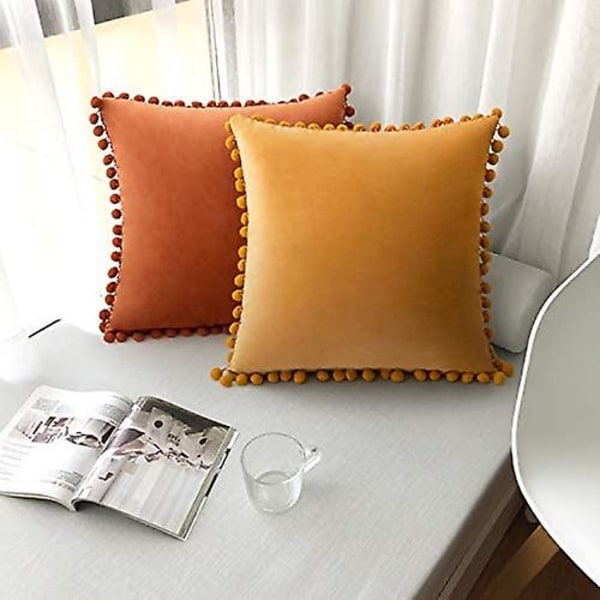 Sett med 2 fløyels putetrekk Dekorative putevar Pompom Pompom pute Puter Myke og solide med firkantede pomponer for sofa soverom sofa 45x45cm 20 x20 Orange