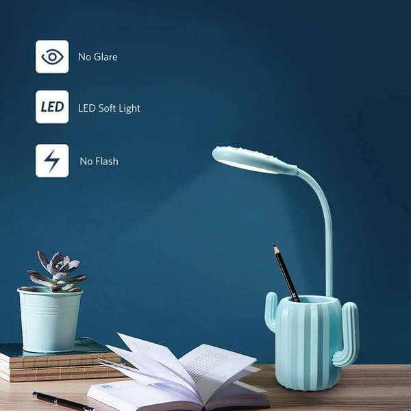 Blå LED multifunksjonell kaktus øyebeskyttelse skrivebordslampe lesing USB lading nattlys, egnet for sovesaler, være