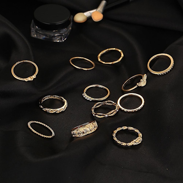 12 stk. Dame Retro Twisted Carved Knuckle Finger Ringe Rhinestone Ring Sæt Smykker