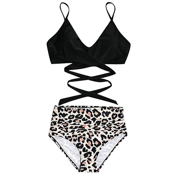 Kvinnors blommiga bikiniset med hög midja, baddräkt, sommar, sexig badkläder, strandkläder Black M