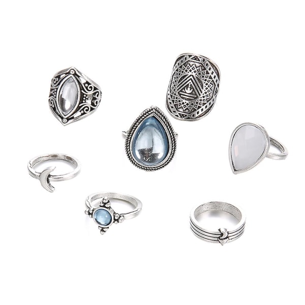 7 st/set Kvinnor Retro Artificiell Opal Vattendroppe Måne Finger Knuckle Ring Smycken