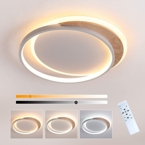 Træ LED Loftlampe, 40cm med Fjernbetjening Dæmpbar LED Loftlampe 3000K-6000K, Stue, Studie [Ener