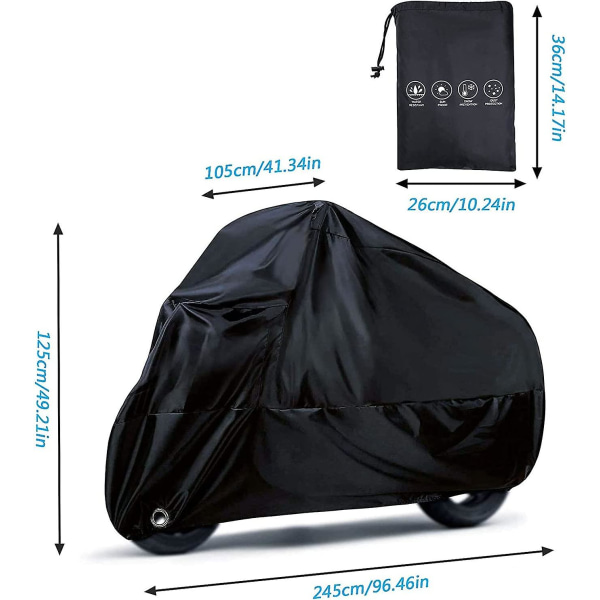 Cover, 190t vattentäta motorcykelöverdrag med låshål, Uv-dammtäta skydd för inomhus och utomhus med förvaringsväska, 245 X 105 X 125 cm
