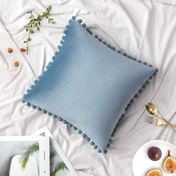 Sæt af 2 Fløjls Pudebetræk Dekorative Pudebetræk Pompom Pompom Pude Puder Bløde og Solide med Kvadratiske Pompoms til Sofa Soveværelse Sofa 45x45cm 26 x26 Light Blue