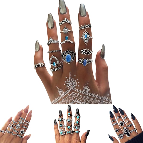 11/13/15 st Carved Flower Stackable Knuckle Rings Alloy Bohemia Black Faux Gem Finger Rings Jewelry Accessory 4