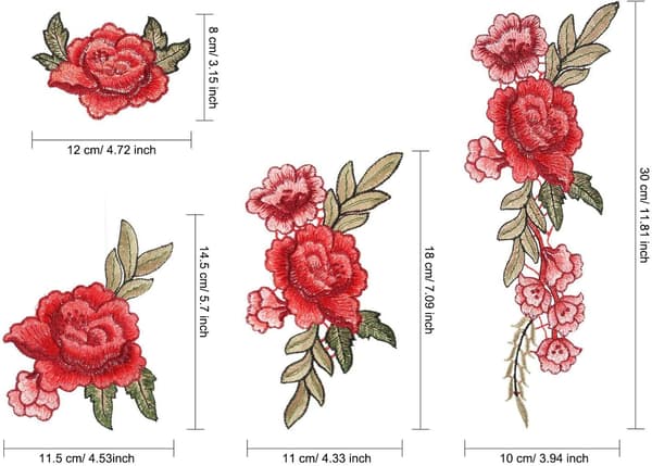8 stk. blomsterbroderte merker, påsydde merker, rosemerke