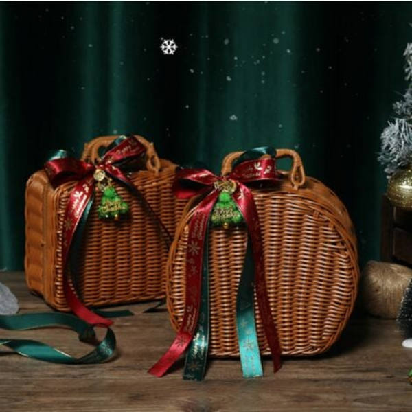 Opbevaringskurv, Naturtræ til Jul eller Festdekoration, Bærbar Rattan Gaveæske, 22*20*12cm