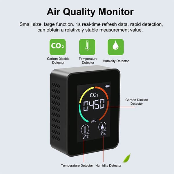 Kuldioxid Luftdetektor, Halvleder, 3 i 1, LED Digital Display (Sort)