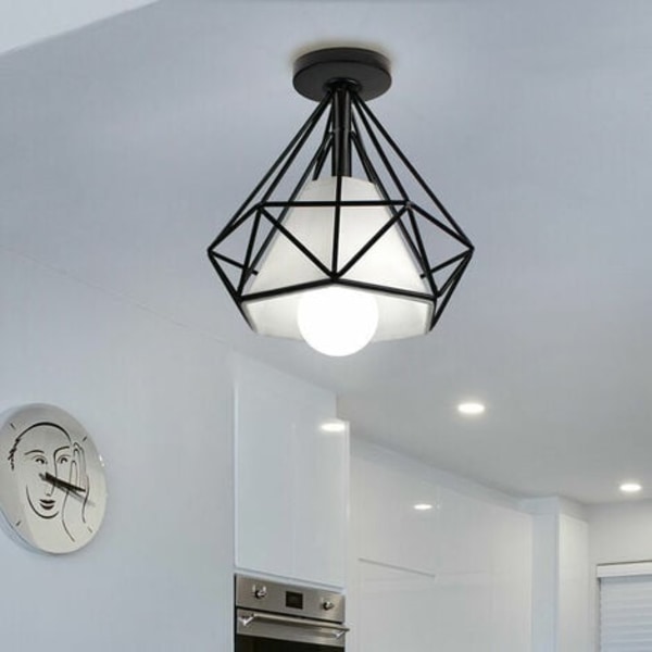 Industrial Diamond Shape Metal E27 Ceiling Light for Bedroom Corridor Bar - Black - Black