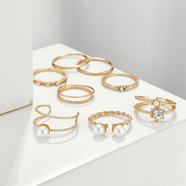 5/8 stk Boheme Kvinders Kunstige Perle Rhinestone Åben Finger Ring Justerbar Smykke 2