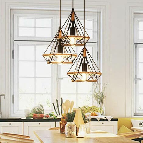 Sæt med 2 Retro Hamp Reb Pendel Lysekrone Diamant Loftslampe E27 til Soveværelse Stue Sort - Sort
