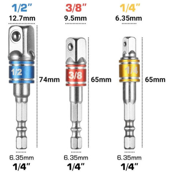 Hylshållare-adaptrar för borr/impactskruvdragare. Set med 3 adaptrar med fyrkantiga sidor 1/4\", 1/2\", 3/8\" i kromvanadium.
