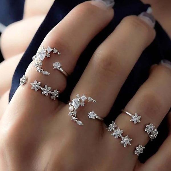 5 stk./sæt Mode Kvinder Rhinestone Indlagt Månestjerne Blomst Stak Midi Ring