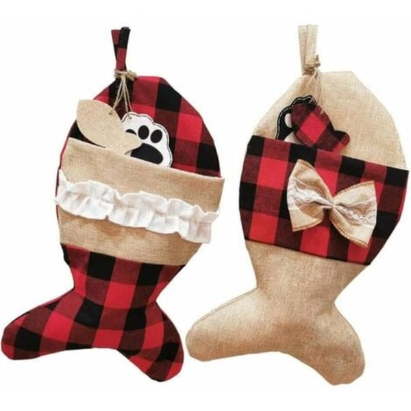 Jule-Strømpe for Katter i Burlap Rutete Design - Hengende Fiskestrømper for Peis, Juletre, Juledekorasjon