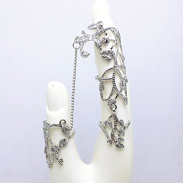 Kedja Ring Blomma Mönster Finger Smycken Justerbar Kvinna Kedjelänk Finger Ring För Bröllop Silver