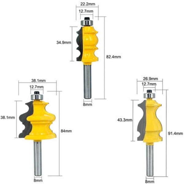Set med 3 fräsbitar för arkitektoniska lister 8 mm