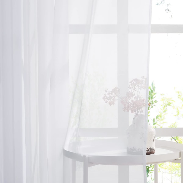 Hvite, gjennomsiktige gardiner – sett med 2 korte gardiner 140 X 160 Cm Home Decor Soverom Kjøkken, Organza Tulle med maljer Gjennomsiktig Bright Filter, Hvit, 2 stk.