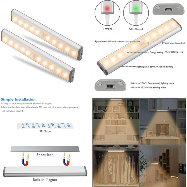 Induktionsnattlampa för garderob, laddningsbar, smart, lång lampa (2 st varmvitt ljus, 10 LED-batterimodell), Lampor för