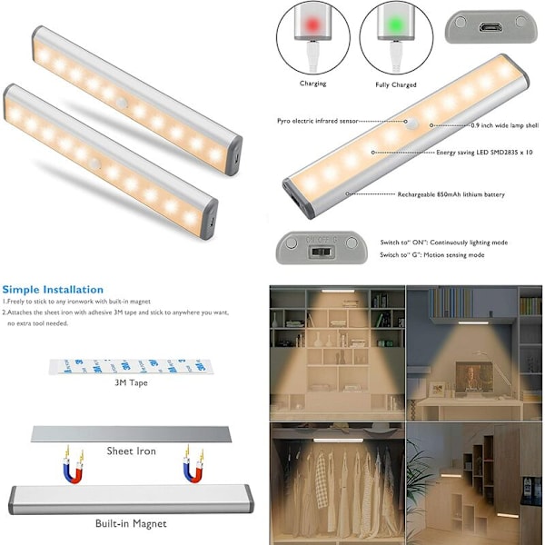 Menneskekropsinduceret natlampe gangladning smart skab lang lys (2 stk. varmt lys 10 LED batterimodeller),