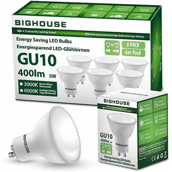 6st Gu10 LED-lampa 5w motsvarande 40w varmvit - 3000k