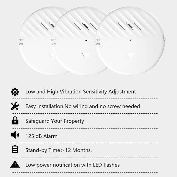 Glasbrottsdetektorer, Fönsterlarm med 125 Db Alarm, Glasvibrationssensorlarm (3 stycken)