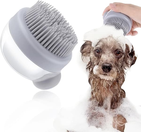 1 grå katte- og hundeshampoobørste, silikone hundebadebørste
