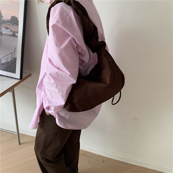 Enkeltskulder Plettet Snøre Canvas Taske Kvinder Snøre Skulder Håndtaske (kaffe)