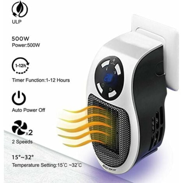 Kompakt väggmonterad värmare - Justerbar termostat - LED digital display - Tyst - Keramik - 2 hastigheter - Fjärrkontroll