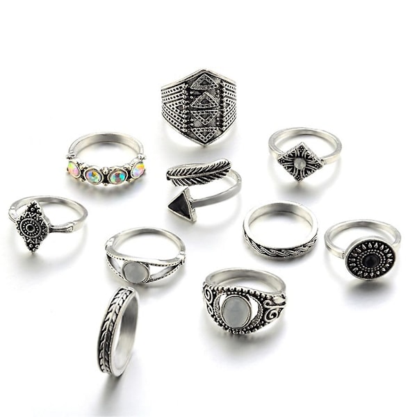 10 st/set Boho Kvinnor Retro Sol Fjäder Pil Carved Knuckle Midi Stacking Ringar Antique Silver