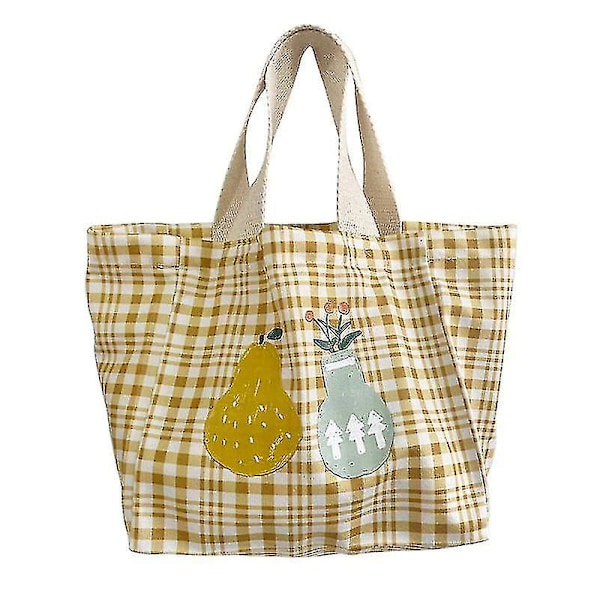Bærbar frokostpose koreansk ternet Tote Picnic mad print mønster kvinder lille Tote sød børn Box(gul)