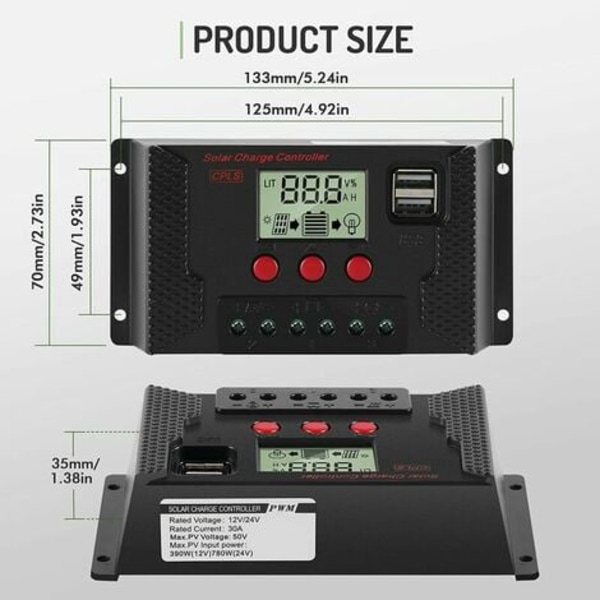 Laderegulator 30A solcellepanel laderegulator automatisk identifikation 12V/24V med LCD-display og 5V USB-port Bla