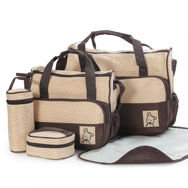 Viisiosainen Mummy Bag vaippalaukku Monitoiminen matka-vedenpitävä muumiolaukku, äitiyslaukut, joissa on suuri kapasiteetti ja useita taskuja A916-01 Brown