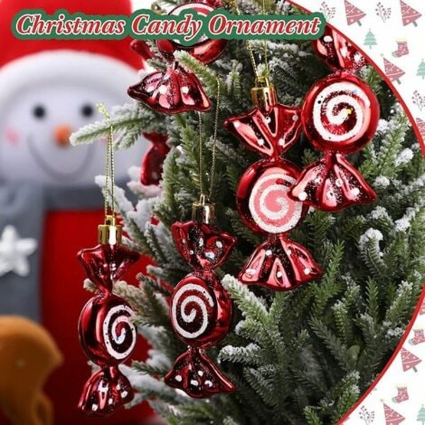 24 st julgodispynt Candy Cane Julgran Glitter Hängande Pynt Plast Pepparkaksvirvlar Deko
