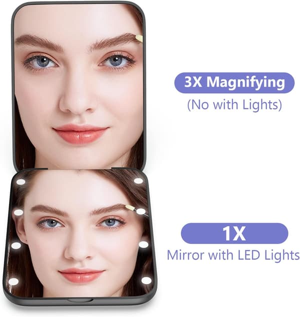 Sort LED Belyst Rejse Makeup Spejl, 1x/3x Forstørrelse