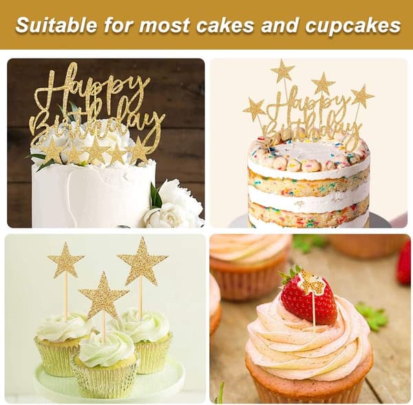Gull Happy Birthday Kake Topper, 2 Sett Kake Topper Bursdag