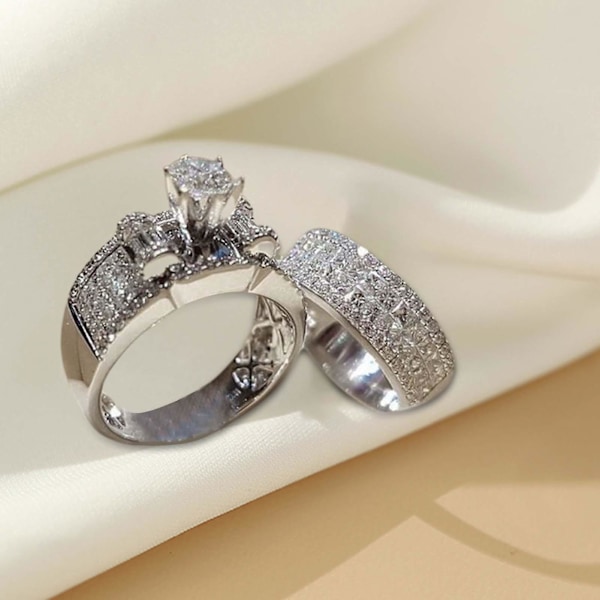2 st/set Bred enkel parring ringar legering inlagd glänsande strass bröllopsband mode smycken US 6