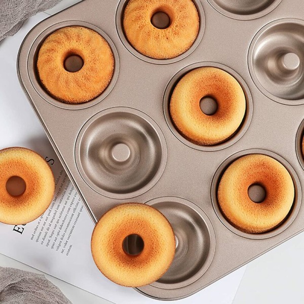 Donutforme, 12 Kopper Genanvendelig Kulstofstål Muffinsform, Gylden Bageform med Non-Stick Belægning, Stegepande Bageform til