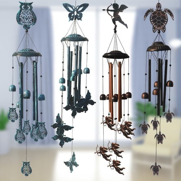 Owl Wind Chime med 4 aluminiumrör, 6 klockor, 6 fjärilar, 80 cm, vattentät, för jul, mamma, balkong, festival, G