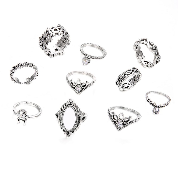 10 st Kvinnors Retro Falsk Opal Rhinestone Knuckle Midi Finger Stacking Joint Ring
